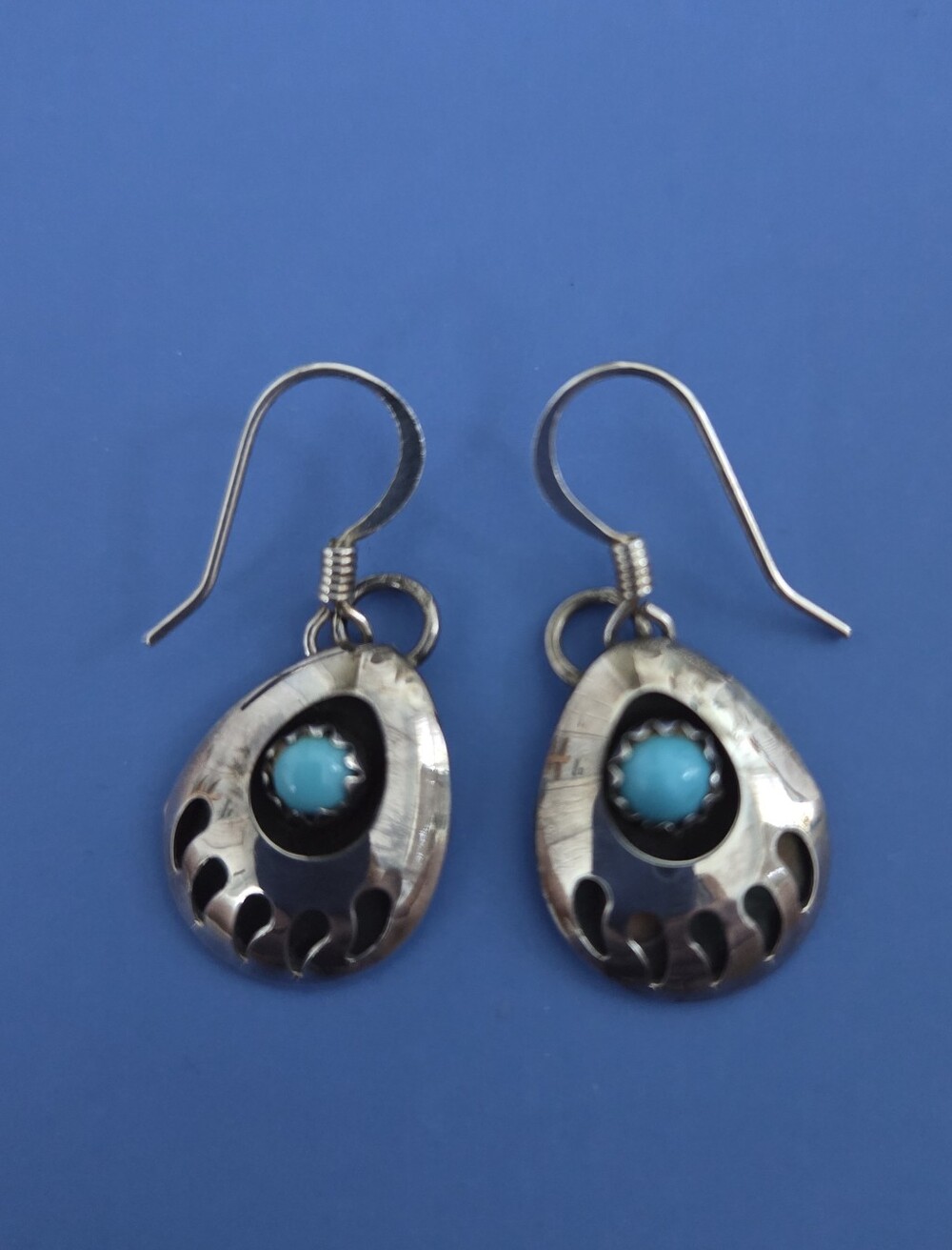 Vintage Sterling Silver & Turquoise Navajo Bearpaw Earrings New Never Worn